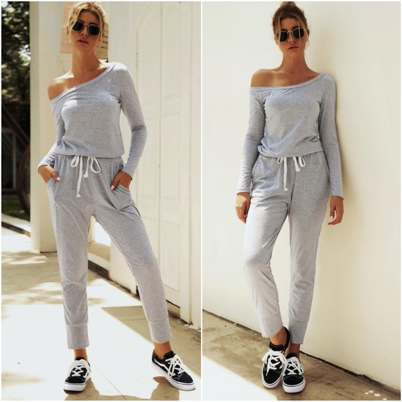 Pants - Off Shoulder drawstring black Comfy Jumpsuit grey